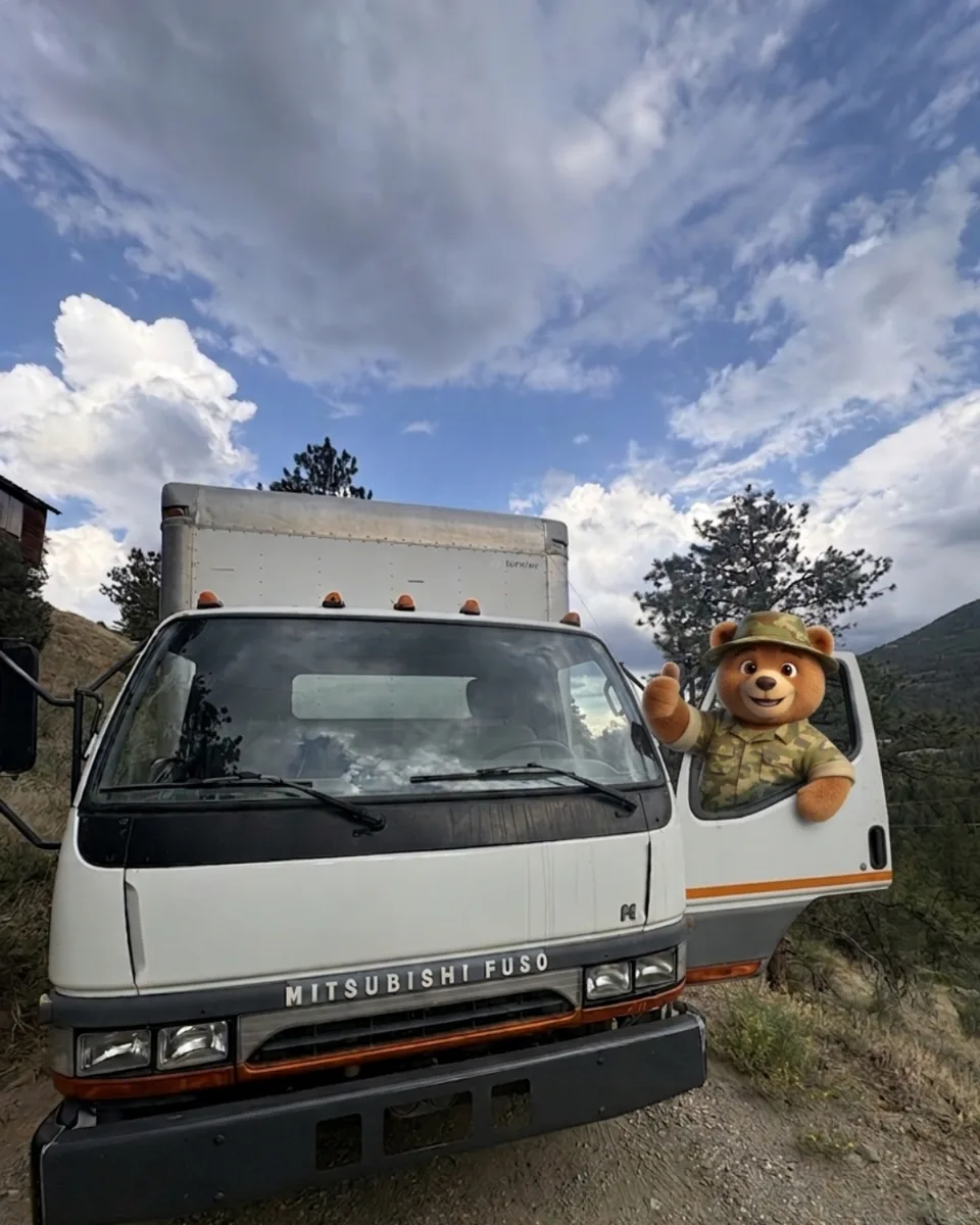 Troops Junk Removal mascot bear in camo giving a thumbs up from the box truck cab in the Evergreen foothills