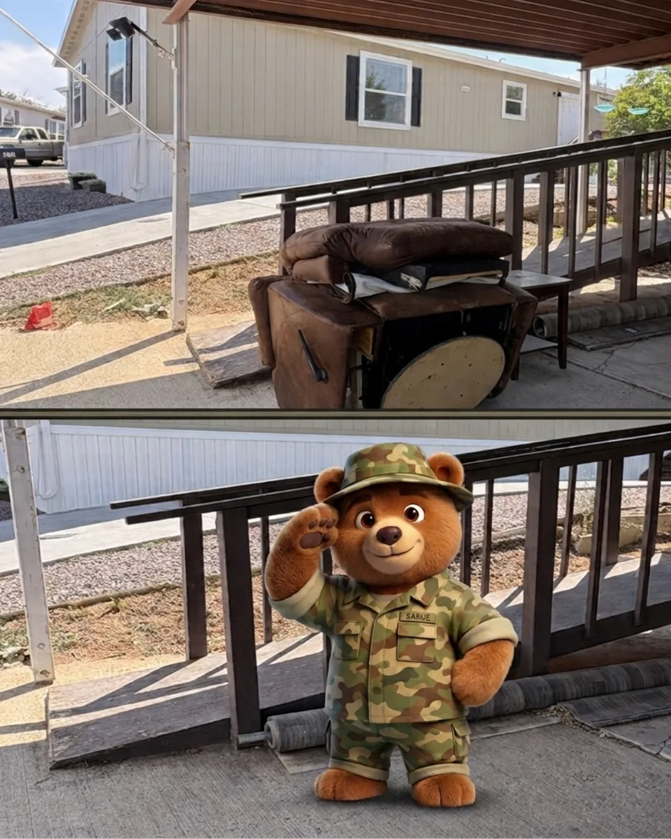 Before photo of the old recliner on the porch, and the Troops Junk Removal mascot bear saluting after the cleared pickup